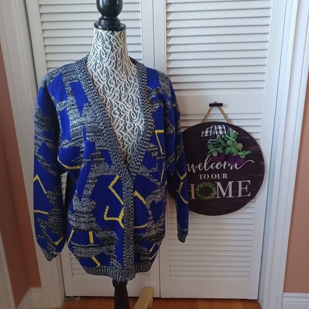 Vintage Tangiers 80's Style Blue / Yellow Retro Geometric Cardigan Grandpa Cozy